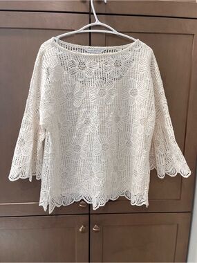 Peter Nygård White Floral Blouse Eyelet Lace Garden Romantic Women’s Large NWT
